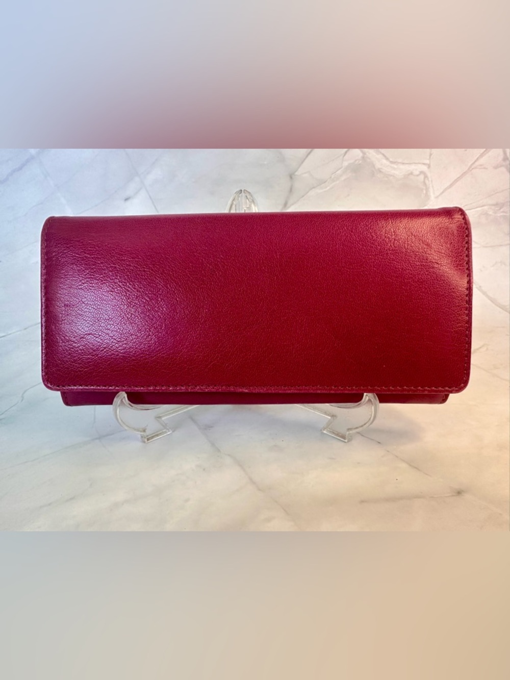 Vintage Leather Wallet Magenta Green Snap Closure Bifold Long Wallet - Picture 2 of 5